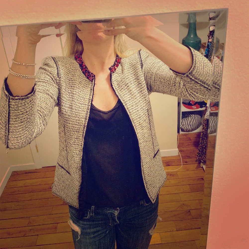 Tweed Zara jacket with shimmer and beaded collar